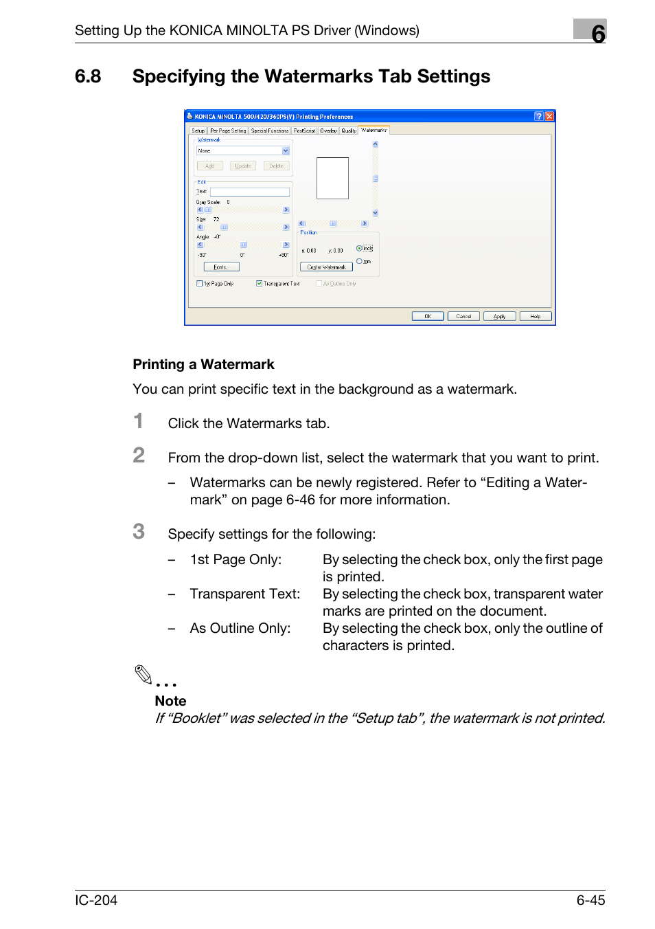8 specifying the watermarks tab settings, Specifying the watermarks tab settings -45, Printing a watermark -45 | Konica Minolta bizhub 420 User Manual | Page 229 / 401
