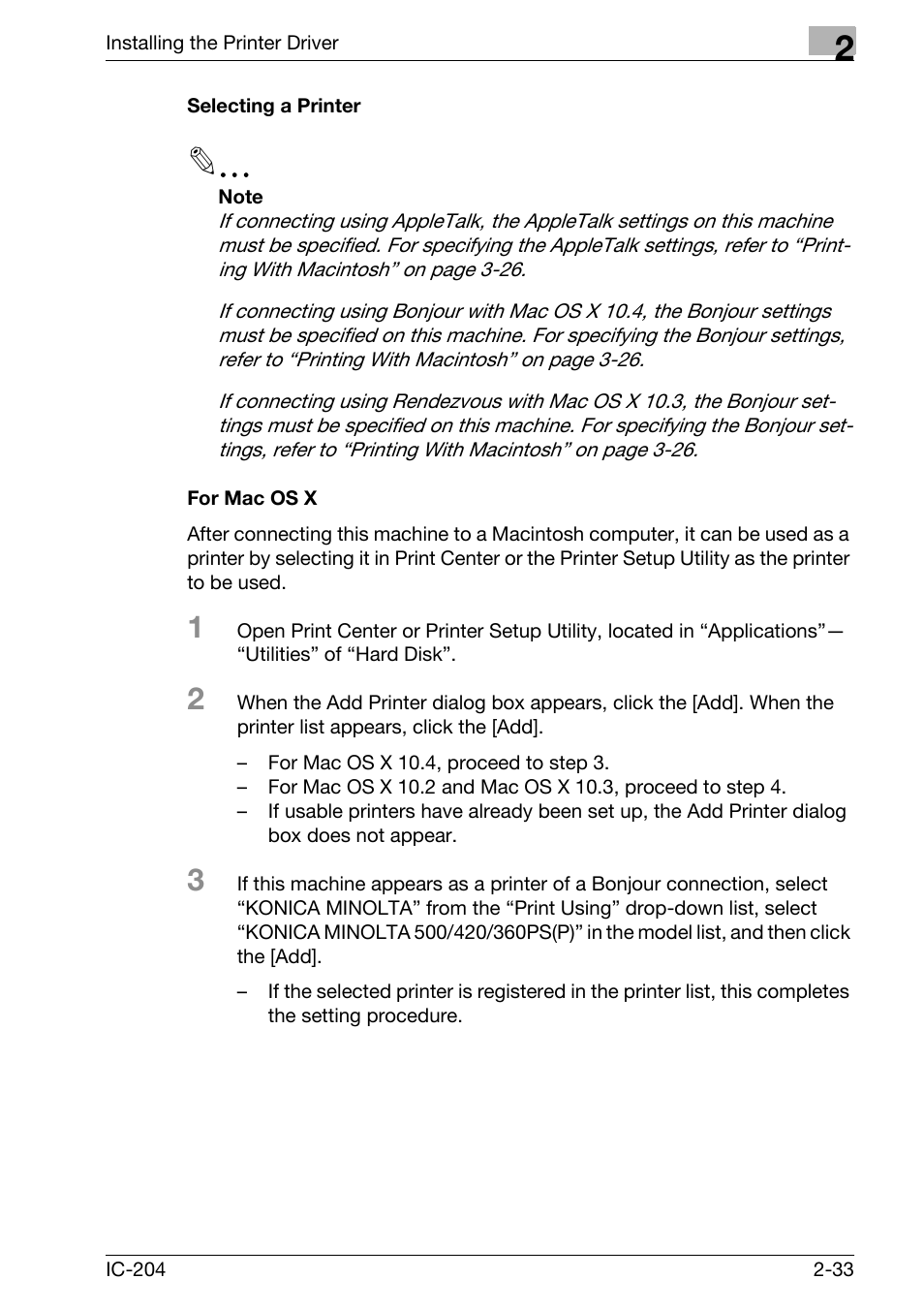 Selecting a printer -33 for mac os x -33 | Konica Minolta bizhub 420 User Manual | Page 65 / 401