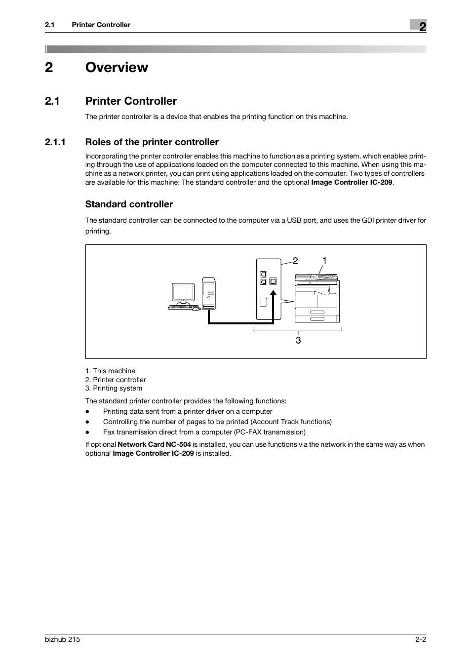 2 overview, 1 printer controller, 1 roles of the printer controller | Standard controller, Overview, Printer controller -2, 2overview | Konica Minolta Bizhub 215 User Manual | Page 10 / 88