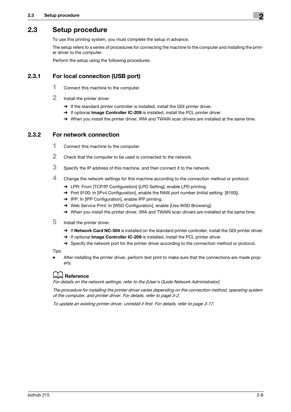 3 setup procedure, 1 for local connection (usb port), 2 for network connection | Setup procedure -8, For local connection (usb port) -8, For network connection -8 | Konica Minolta Bizhub 215 User Manual | Page 16 / 88
