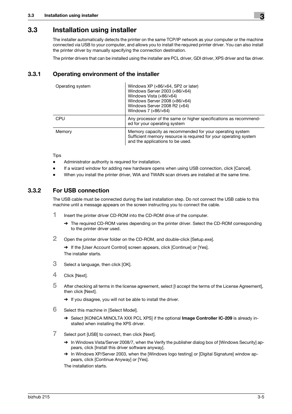3 installation using installer, 1 operating environment of the installer, 2 for usb connection | Installation using installer -5, Operating environment of the installer -5, For usb connection -5 | Konica Minolta Bizhub 215 User Manual | Page 21 / 88