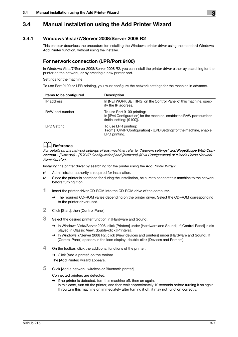 4 manual installation using the add printer wizard, 1 windows vista/7/server 2008/server 2008 r2, For network connection (lpr/port 9100) | Konica Minolta Bizhub 215 User Manual | Page 23 / 88