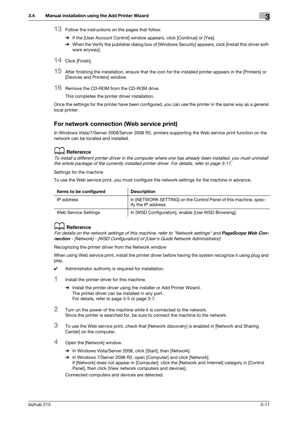 For network connection (web service print), For network connection (web service print) -11 | Konica Minolta Bizhub 215 User Manual | Page 27 / 88