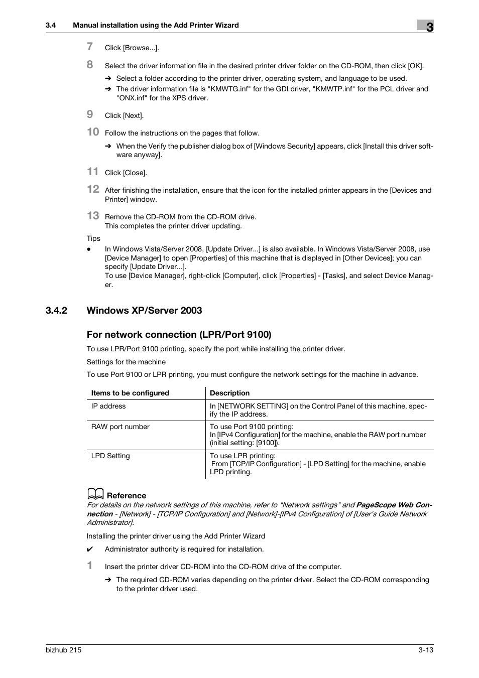 2 windows xp/server 2003, For network connection (lpr/port 9100) | Konica Minolta Bizhub 215 User Manual | Page 29 / 88
