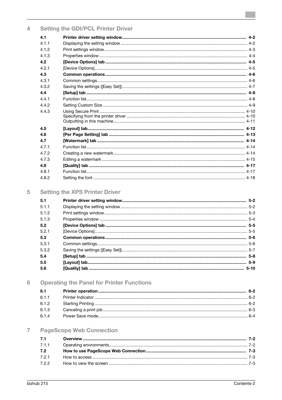 4setting the gdi/pcl printer driver, 5setting the xps printer driver, 6operating the panel for printer functions | 7pagescope web connection | Konica Minolta Bizhub 215 User Manual | Page 3 / 88
