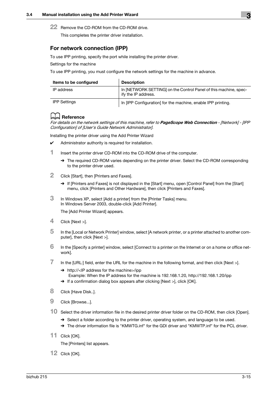 For network connection (ipp), For network connection (ipp) -15 | Konica Minolta Bizhub 215 User Manual | Page 31 / 88