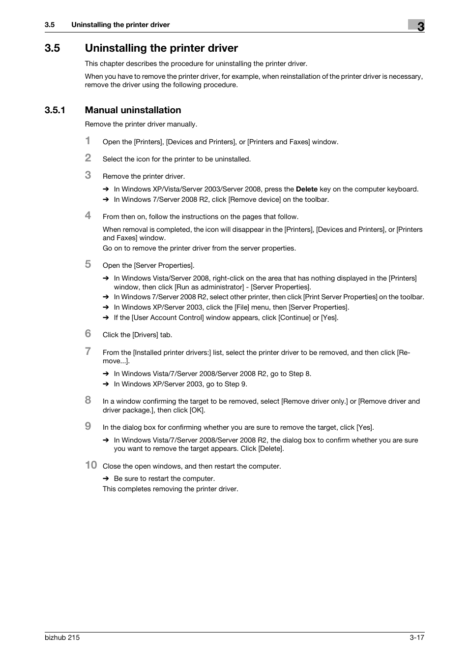 5 uninstalling the printer driver, 1 manual uninstallation, Uninstalling the printer driver -17 | Manual uninstallation -17 | Konica Minolta Bizhub 215 User Manual | Page 33 / 88