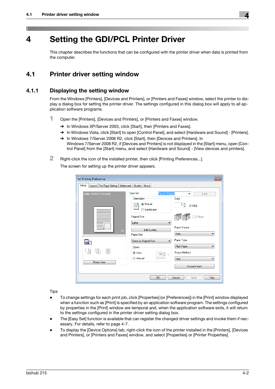 4 setting the gdi/pcl printer driver, 1 printer driver setting window, 1 displaying the setting window | Setting the gdi/pcl printer driver, Printer driver setting window -2, Displaying the setting window -2, 4setting the gdi/pcl printer driver | Konica Minolta Bizhub 215 User Manual | Page 36 / 88