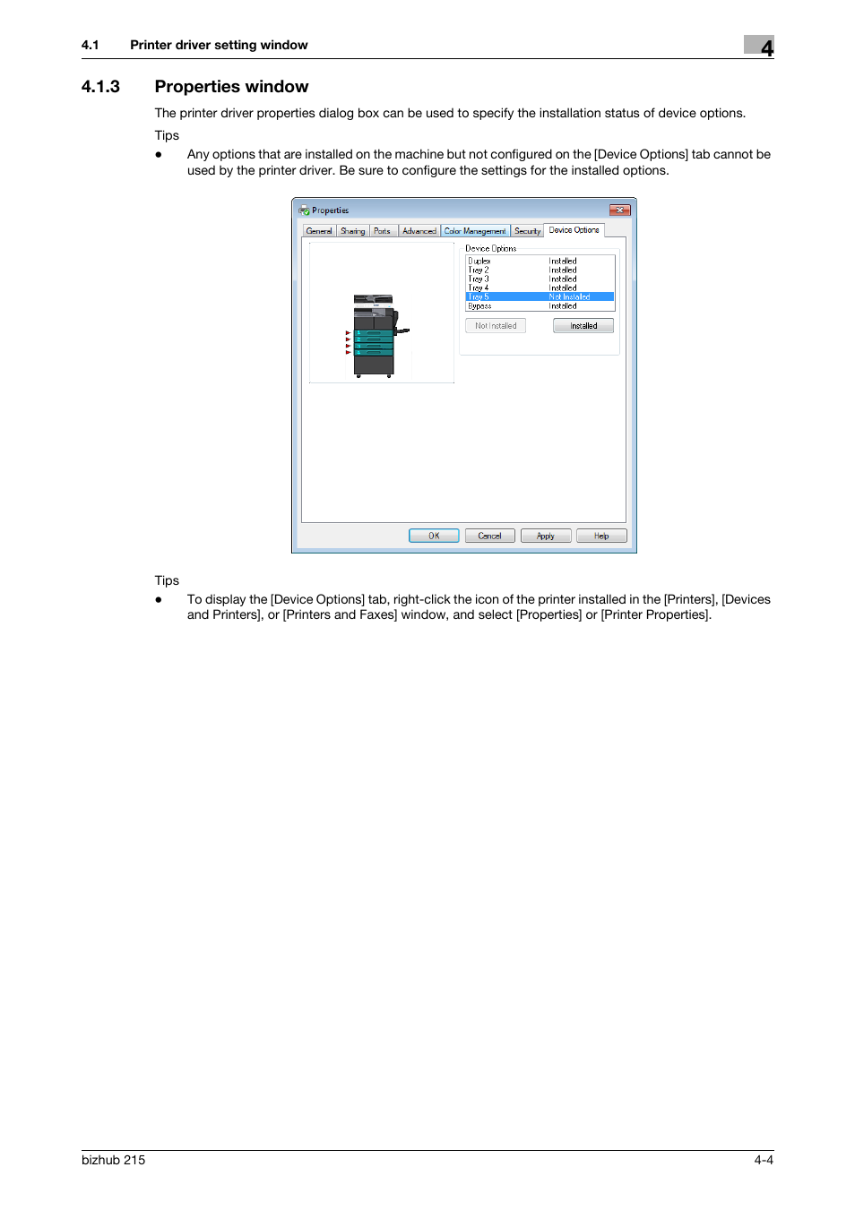 3 properties window, Properties window -4 | Konica Minolta Bizhub 215 User Manual | Page 38 / 88