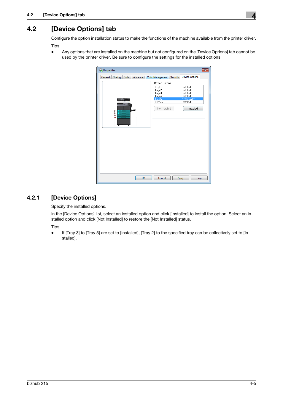 2 [device options] tab, 1 [device options, Device options] tab -5 | Device options] -5 | Konica Minolta Bizhub 215 User Manual | Page 39 / 88
