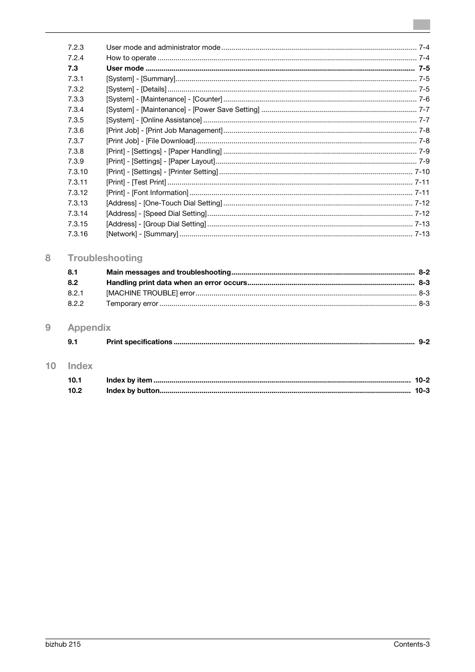 8troubleshooting, 9appendix, 10 index | Konica Minolta Bizhub 215 User Manual | Page 4 / 88