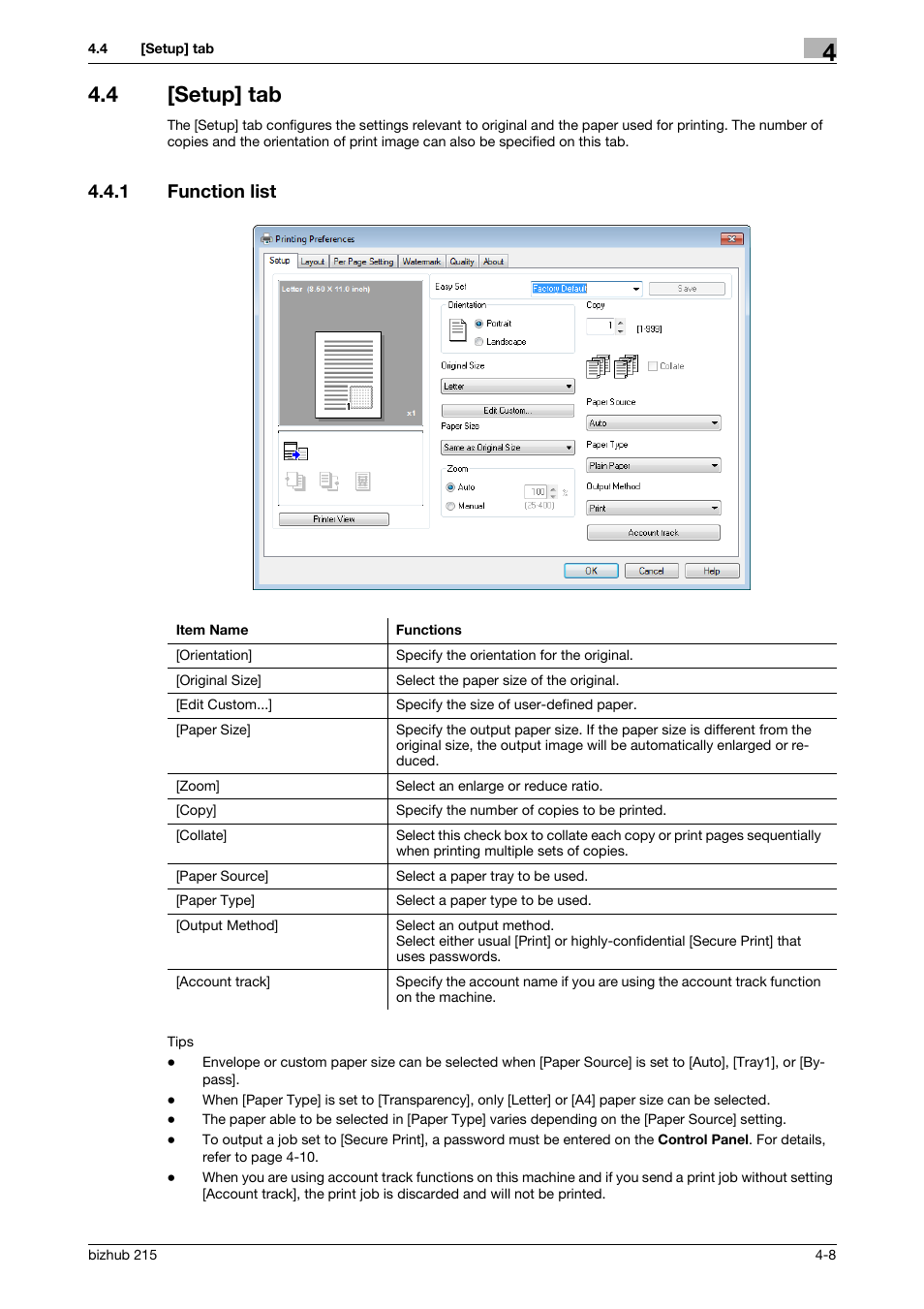 4 [setup] tab, 1 function list, Setup] tab -8 | Function list -8 | Konica Minolta Bizhub 215 User Manual | Page 42 / 88