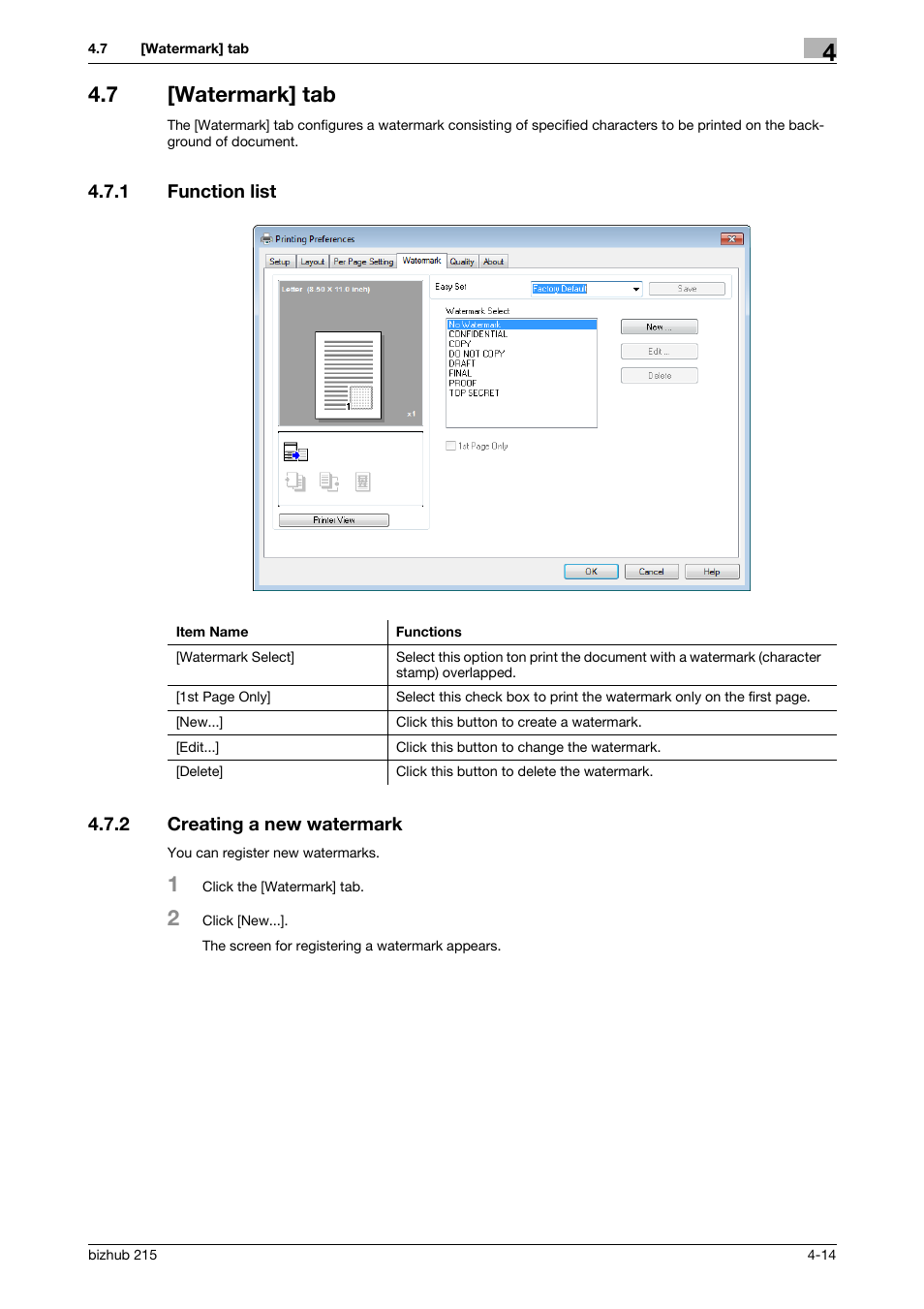 7 [watermark] tab, 1 function list, 2 creating a new watermark | Watermark] tab -14, Function list -14, Creating a new watermark -14 | Konica Minolta Bizhub 215 User Manual | Page 48 / 88