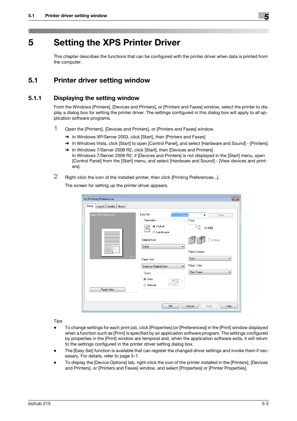 5 setting the xps printer driver, 1 printer driver setting window, 1 displaying the setting window | Setting the xps printer driver, Printer driver setting window -2, Displaying the setting window -2, 5setting the xps printer driver | Konica Minolta Bizhub 215 User Manual | Page 54 / 88
