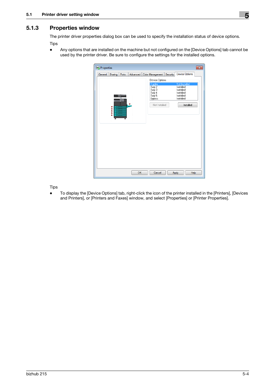 3 properties window, Properties window -4 | Konica Minolta Bizhub 215 User Manual | Page 56 / 88
