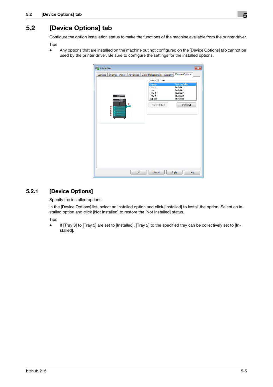 2 [device options] tab, 1 [device options, Device options] tab -5 | Device options] -5 | Konica Minolta Bizhub 215 User Manual | Page 57 / 88