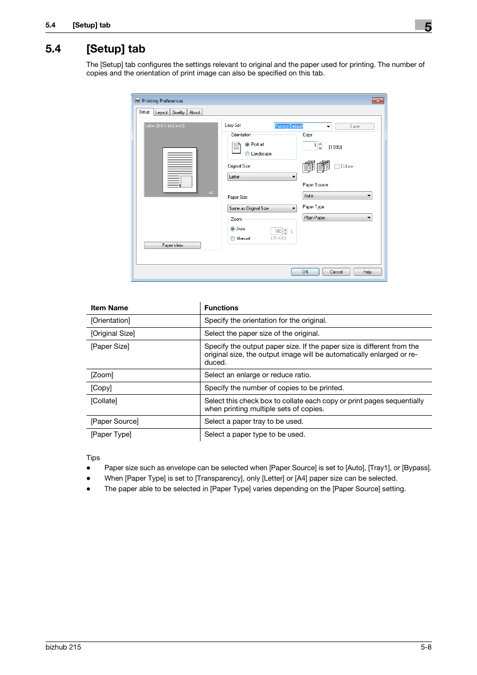 4 [setup] tab, Setup] tab -8 | Konica Minolta Bizhub 215 User Manual | Page 60 / 88