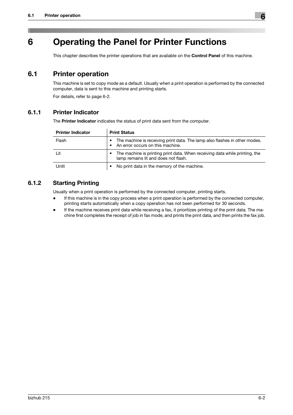6 operating the panel for printer functions, 1 printer operation, 1 printer indicator | 2 starting printing, Operating the panel for printer functions, Printer operation -2, Printer indicator -2, Starting printing -2, 6operating the panel for printer functions | Konica Minolta Bizhub 215 User Manual | Page 64 / 88