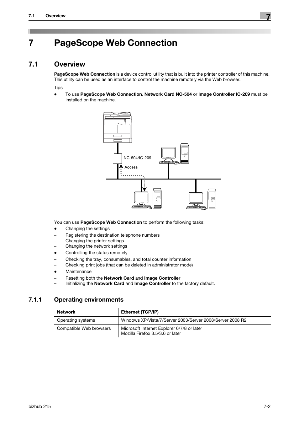 1 overview, 1 operating environments, Overview -2 | Operating environments -2, 7pagescope web connection | Konica Minolta Bizhub 215 User Manual | Page 68 / 88