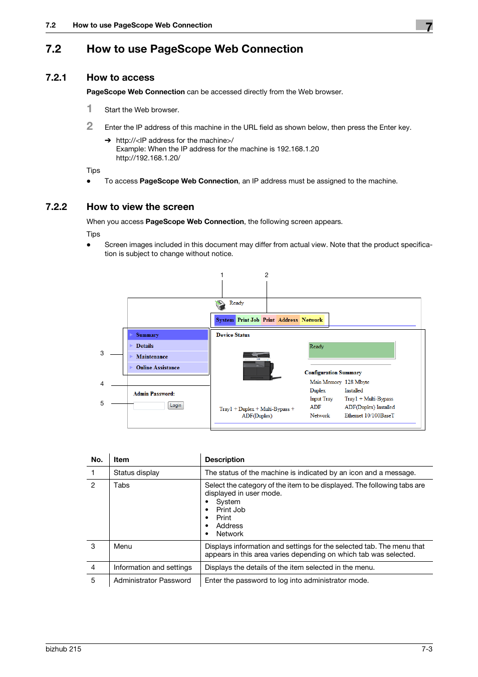 1 how to access, 2 how to view the screen, How to access -3 | How to view the screen -3, 2 how to use pagescope web connection | Konica Minolta Bizhub 215 User Manual | Page 69 / 88