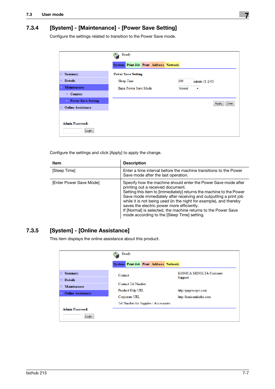 4 [system] - [maintenance] - [power save setting, 5 [system] - [online assistance, System] - [maintenance] - [power save setting] -7 | System] - [online assistance] -7 | Konica Minolta Bizhub 215 User Manual | Page 73 / 88