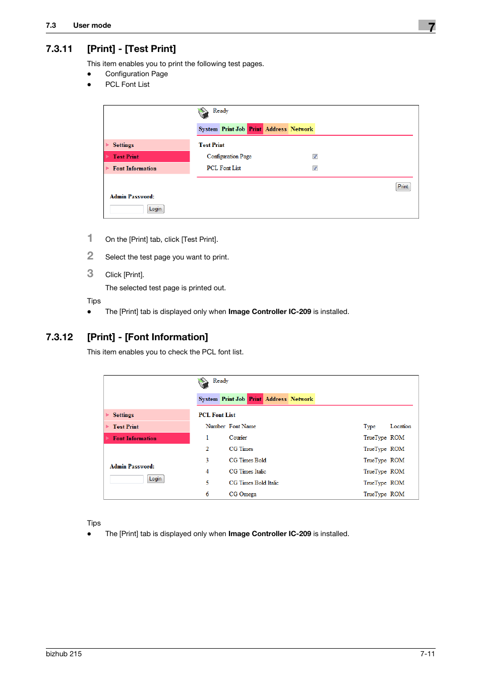 11 [print] - [test print, 12 [print] - [font information, Print] - [test print] -11 | Print] - [font information] -11 | Konica Minolta Bizhub 215 User Manual | Page 77 / 88