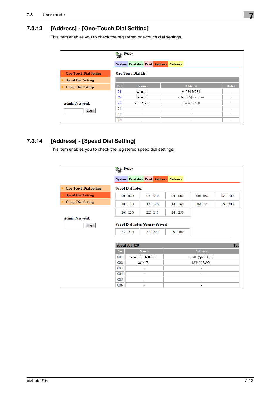 13 [address] - [one-touch dial setting, 14 [address] - [speed dial setting, Address] - [one-touch dial setting] -12 | Address] - [speed dial setting] -12 | Konica Minolta Bizhub 215 User Manual | Page 78 / 88