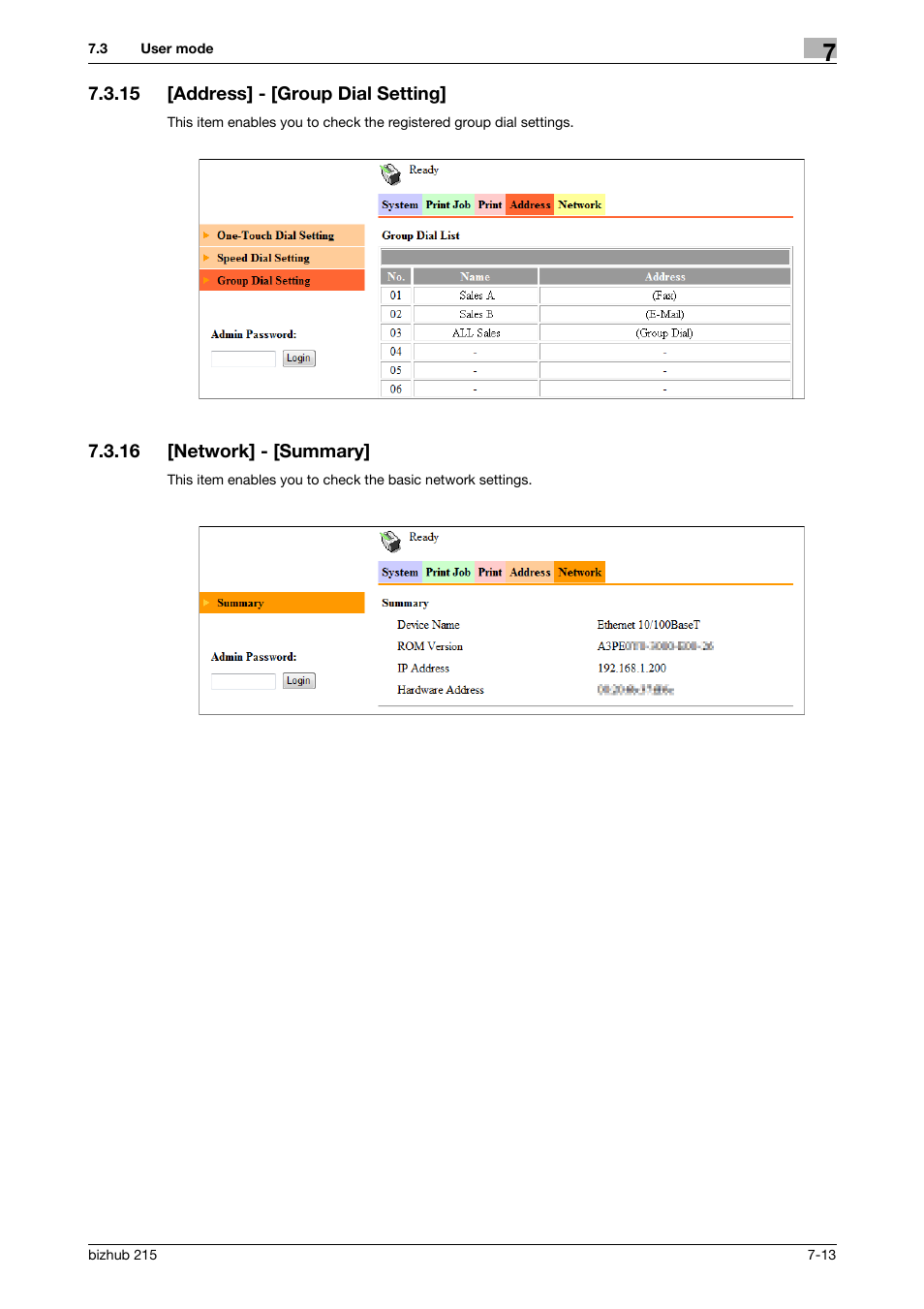 15 [address] - [group dial setting, 16 [network] - [summary, Address] - [group dial setting] -13 | Network] - [summary] -13 | Konica Minolta Bizhub 215 User Manual | Page 79 / 88