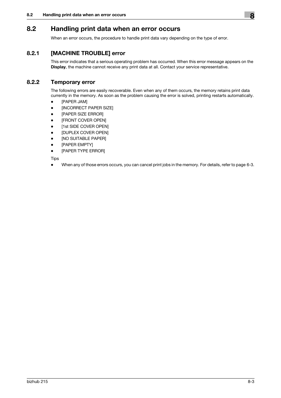 2 handling print data when an error occurs, 1 [machine trouble] error, 2 temporary error | Handling print data when an error occurs -3, Machine trouble] error -3, Temporary error -3 | Konica Minolta Bizhub 215 User Manual | Page 82 / 88