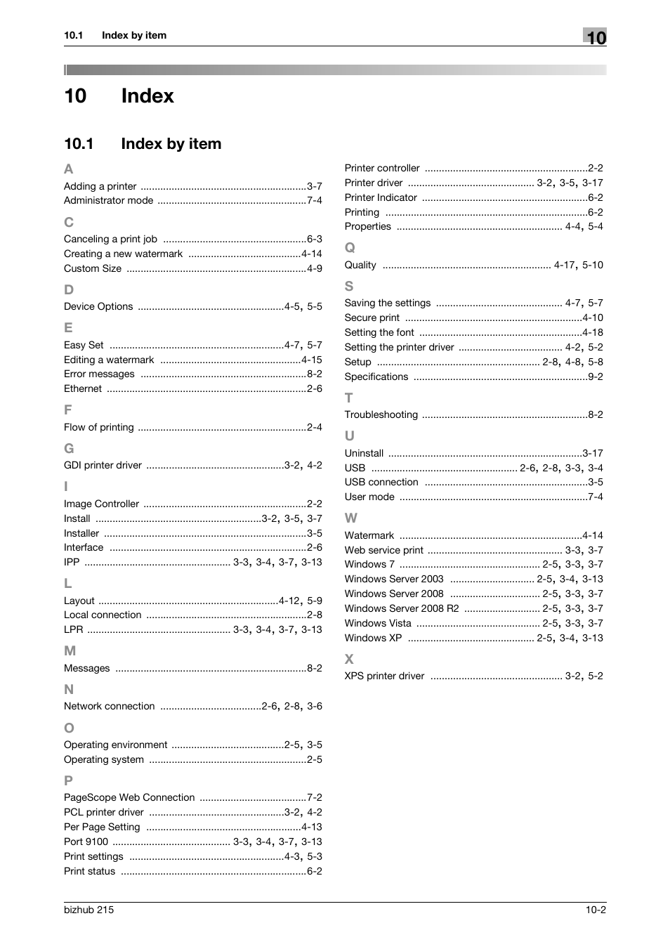 10 index, 1 index by item, Index | Index by item -2 | Konica Minolta Bizhub 215 User Manual | Page 86 / 88