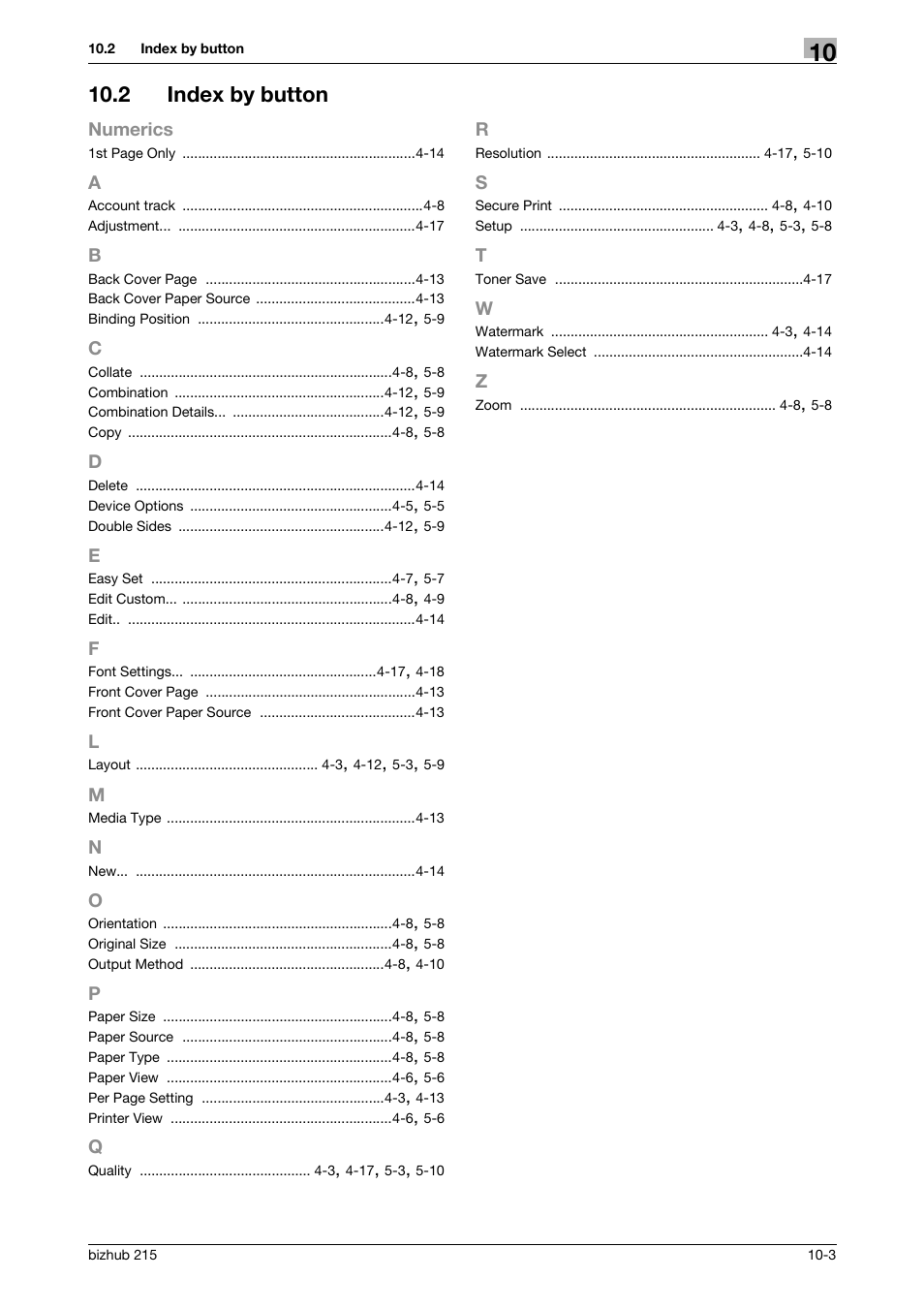 2 index by button, Index by button -3 | Konica Minolta Bizhub 215 User Manual | Page 87 / 88