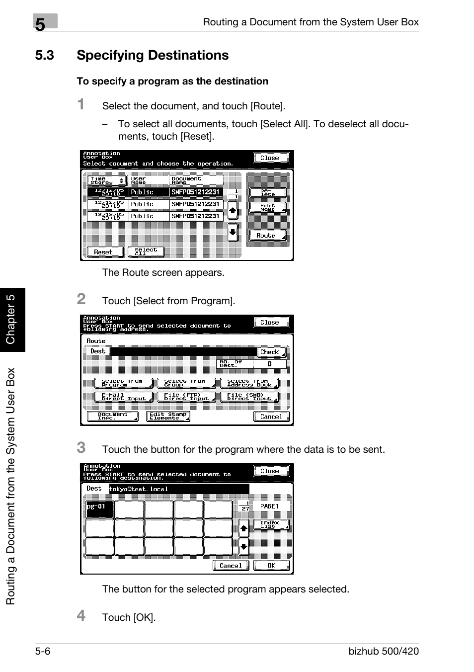 3 specifying destinations, Specifying destinations -6, To specify a program as the destination -6 | P. 5-6 | Konica Minolta bizhub 500 User Manual | Page 131 / 218