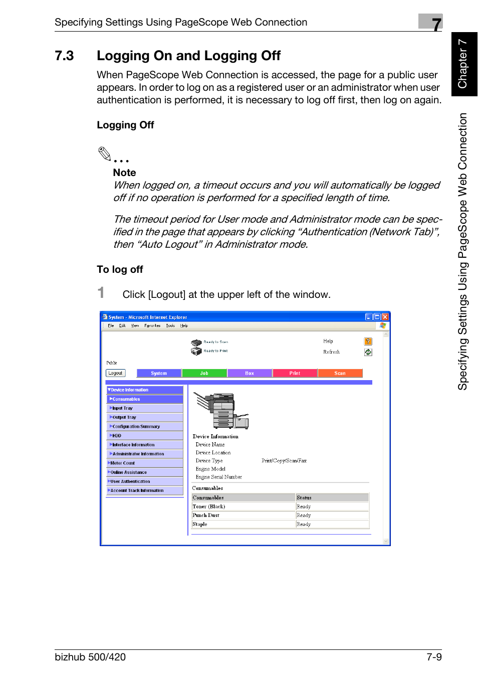 3 logging on and logging off, Logging on and logging off -9, Logging off -9 to log off -9 | Konica Minolta bizhub 500 User Manual | Page 184 / 218