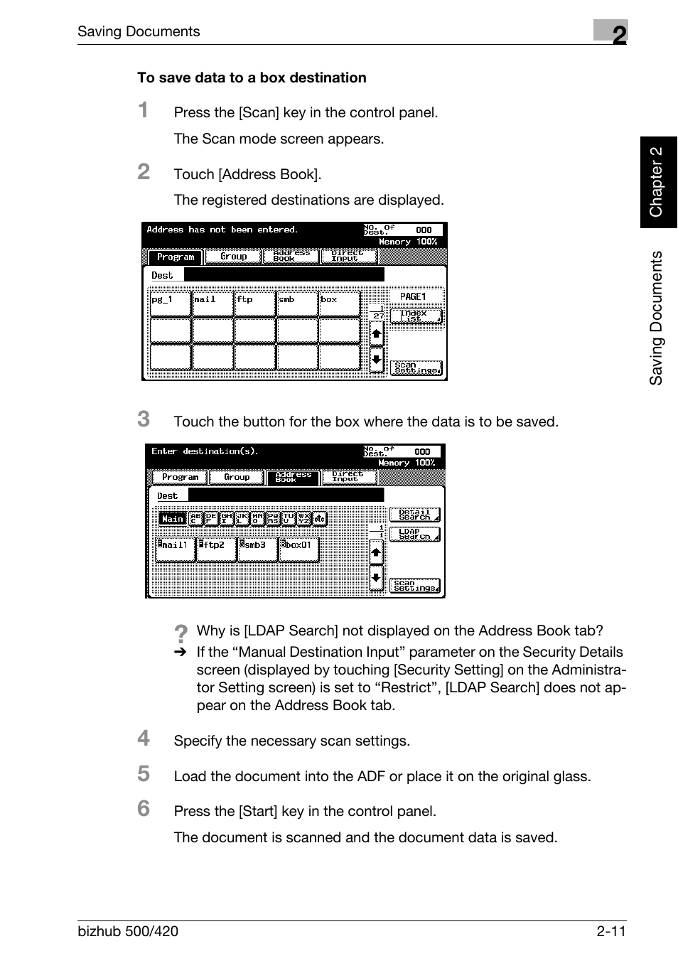 To save data to a box destination -11 | Konica Minolta bizhub 500 User Manual | Page 34 / 218
