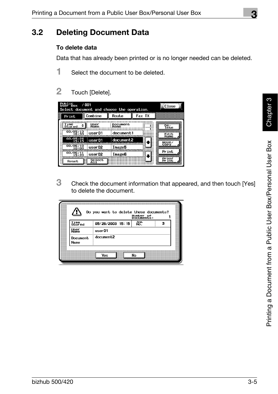 2 deleting document data, Deleting document data -5, To delete data -5 | Konica Minolta bizhub 500 User Manual | Page 44 / 218