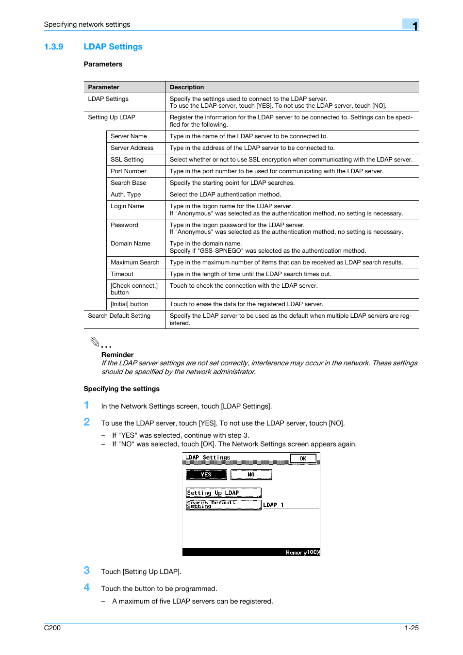 9 ldap settings, Parameters, Specifying the settings | P. 1-25 | Konica Minolta bizhub C200 User Manual | Page 36 / 167