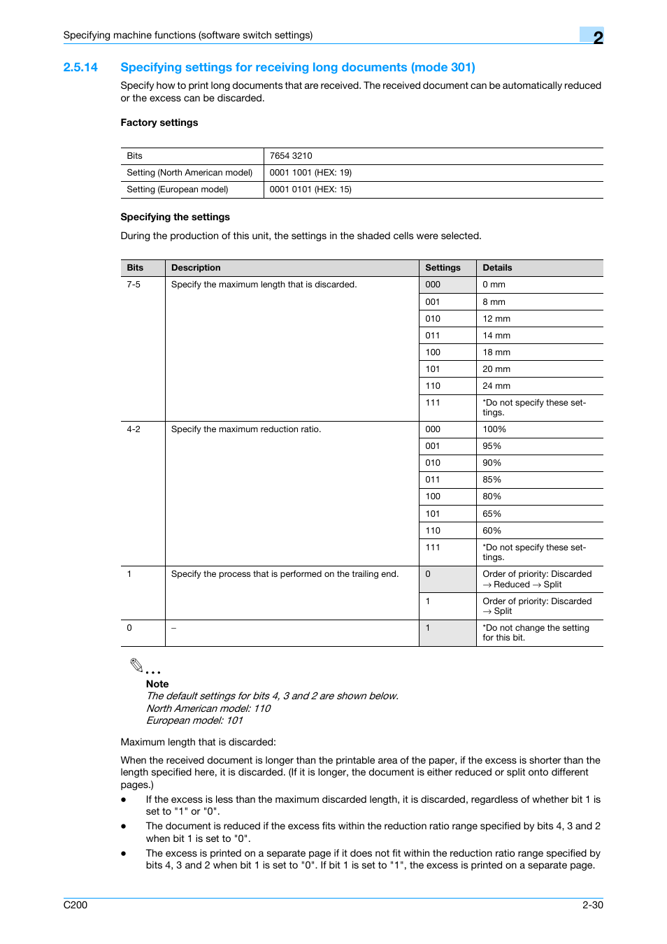 Factory settings, Specifying the settings, P. 2-30 | Konica Minolta bizhub C200 User Manual | Page 79 / 167