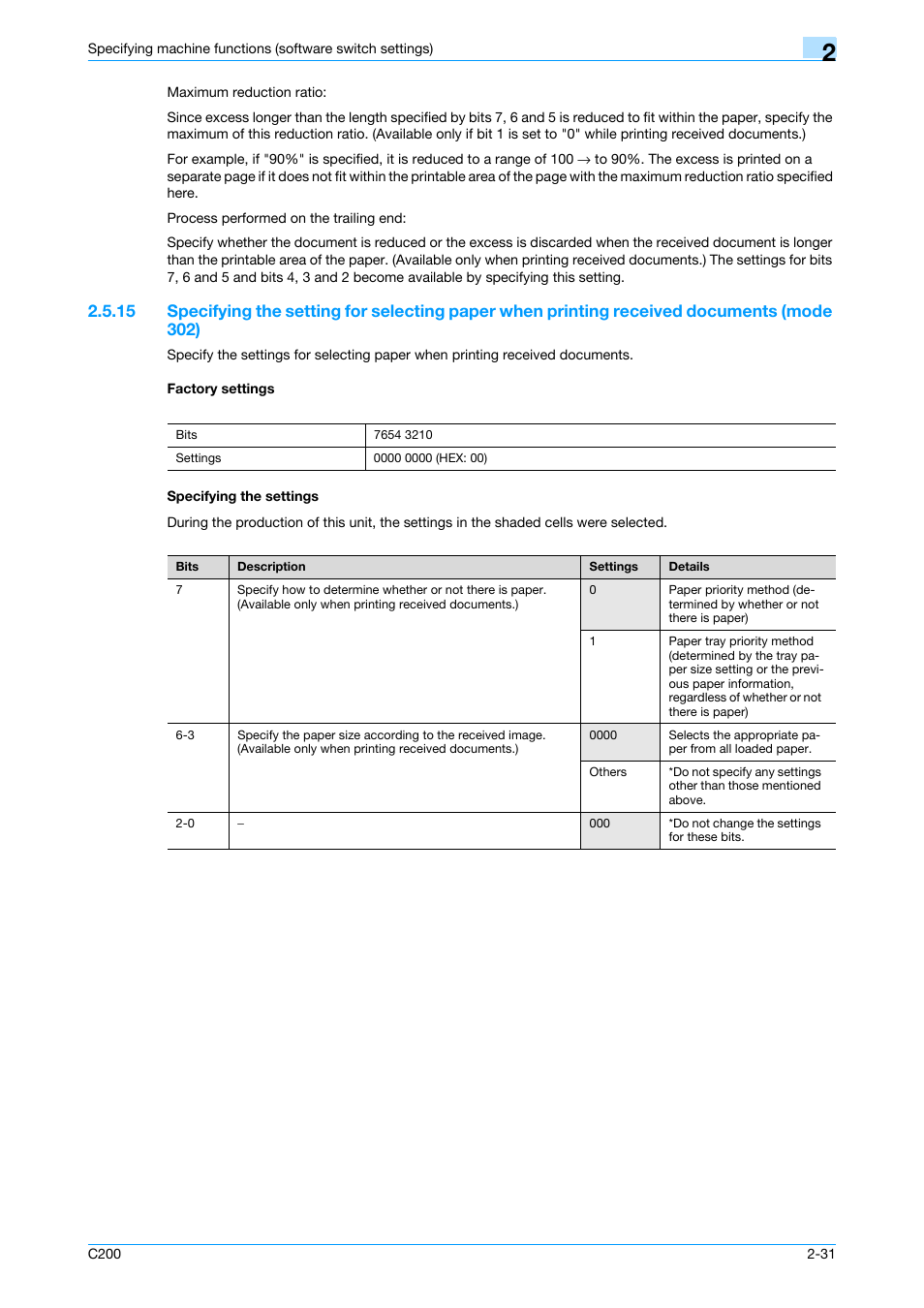 Factory settings, Specifying the settings, P. 2-31 | Konica Minolta bizhub C200 User Manual | Page 80 / 167