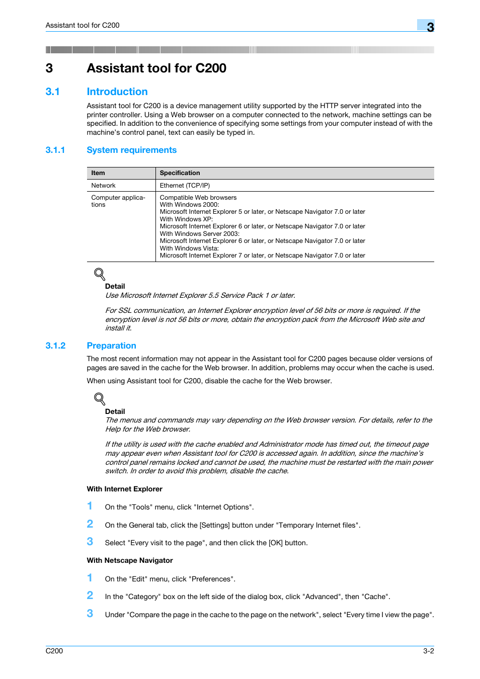 3 assistant tool for c200, 1 introduction, 1 system requirements | 2 preparation, With internet explorer, With netscape navigator, Assistant tool for c200, Introduction -2, System requirements -2, R 3 assistant tool for c200 | Konica Minolta bizhub C200 User Manual | Page 97 / 167