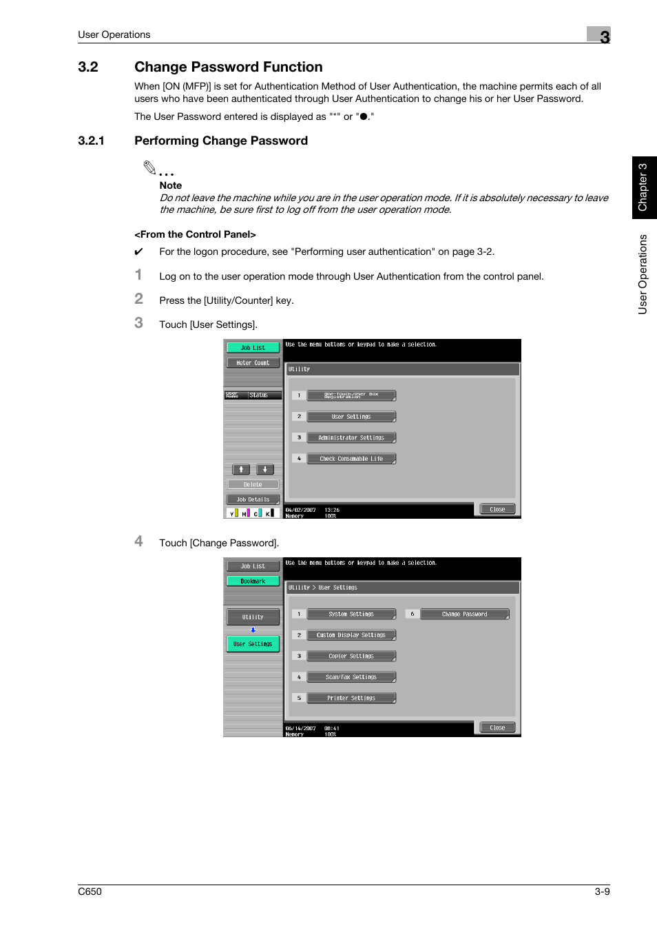 2 change password function, 1 performing change password, From the control panel | Change password function -9 | Konica Minolta bizhub C650 User Manual | Page 124 / 192