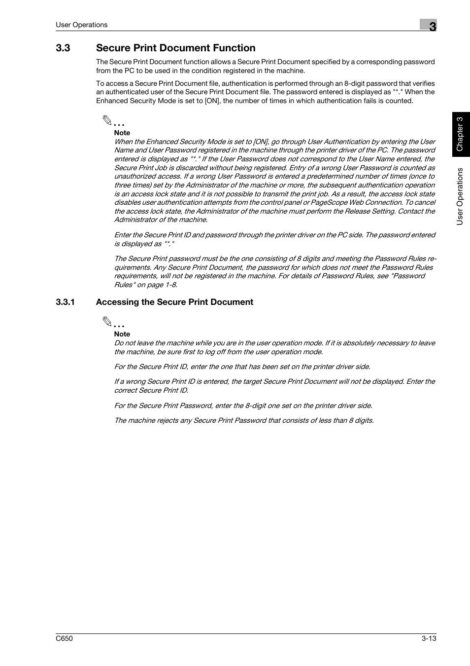 3 secure print document function, 1 accessing the secure print document, Secure print document function -13 | Accessing the secure print document -13 | Konica Minolta bizhub C650 User Manual | Page 128 / 192