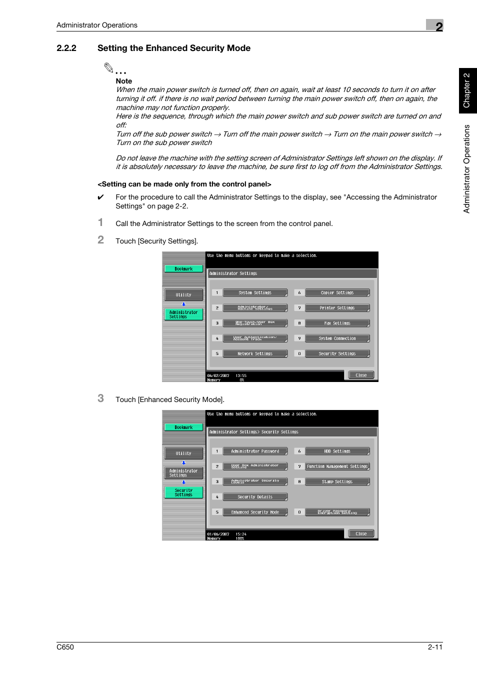 2 setting the enhanced security mode, Setting can be made only from the control panel | Konica Minolta bizhub C650 User Manual | Page 26 / 192