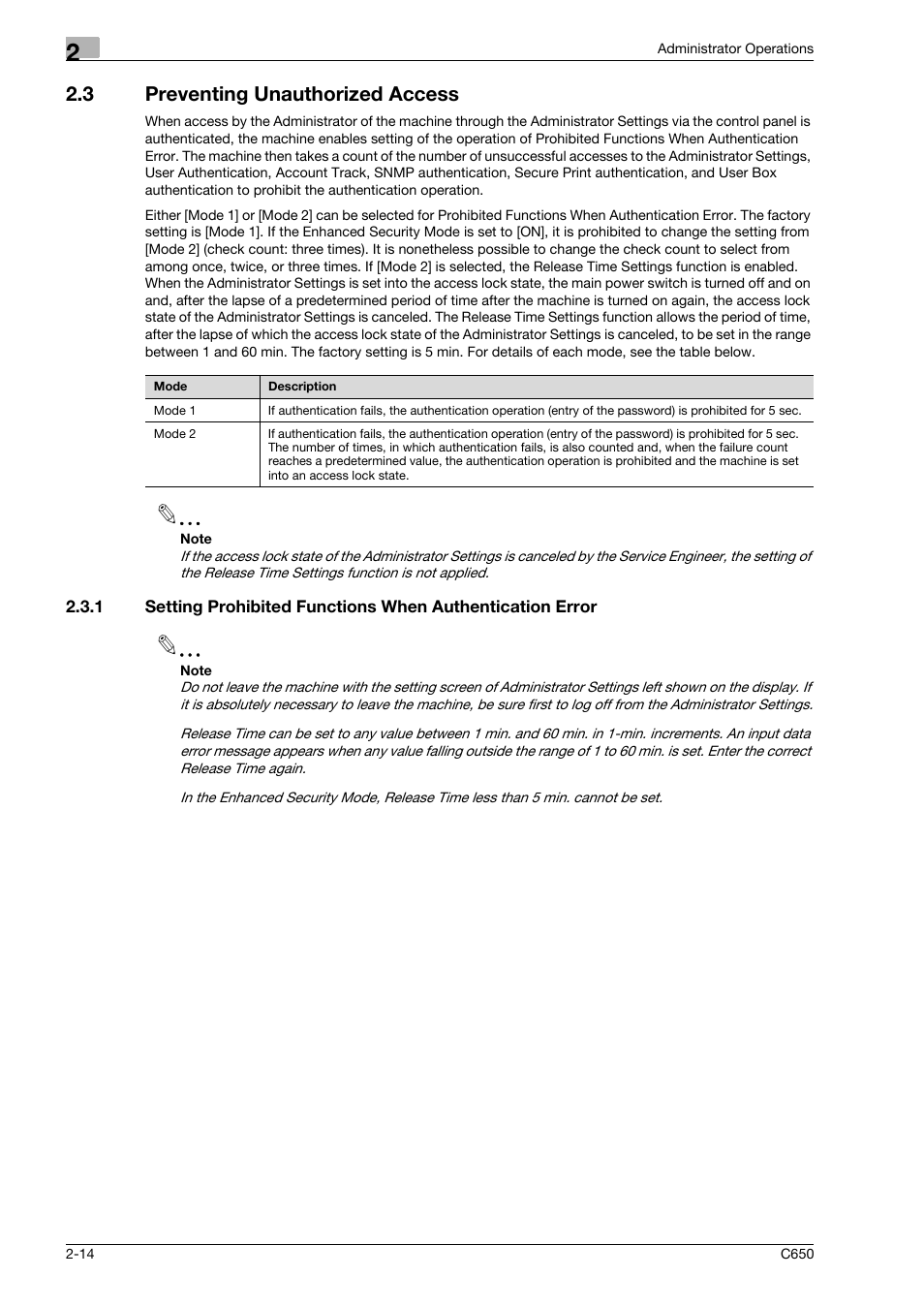 3 preventing unauthorized access, Preventing unauthorized access -14 | Konica Minolta bizhub C650 User Manual | Page 29 / 192