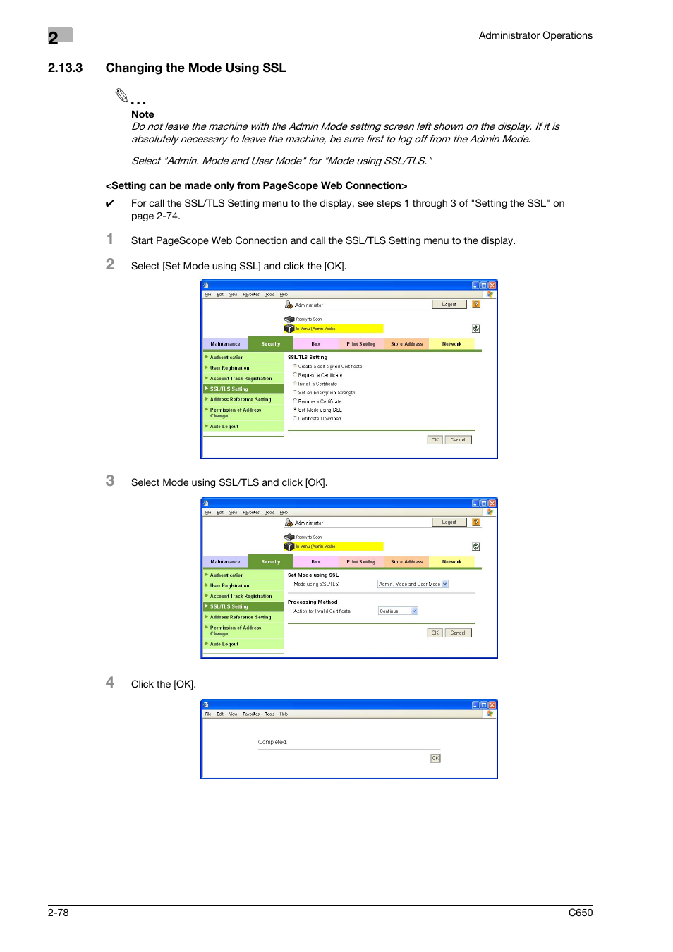 3 changing the mode using ssl | Konica Minolta bizhub C650 User Manual | Page 93 / 192
