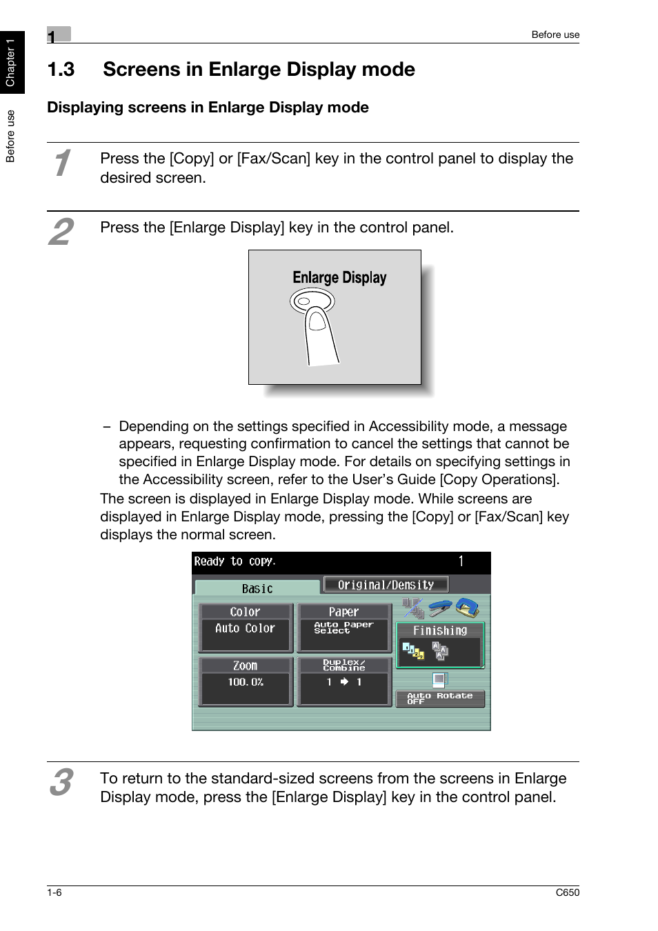 3 screens in enlarge display mode, Displaying screens in enlarge display mode, 3 screens in enlarge display mode -6 | Displaying screens in enlarge display mode -6 | Konica Minolta bizhub C650 User Manual | Page 13 / 118
