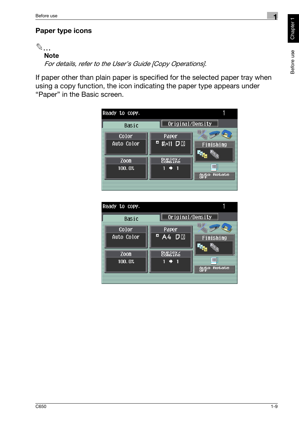 Paper type icons, Paper type icons -9 | Konica Minolta bizhub C650 User Manual | Page 16 / 118