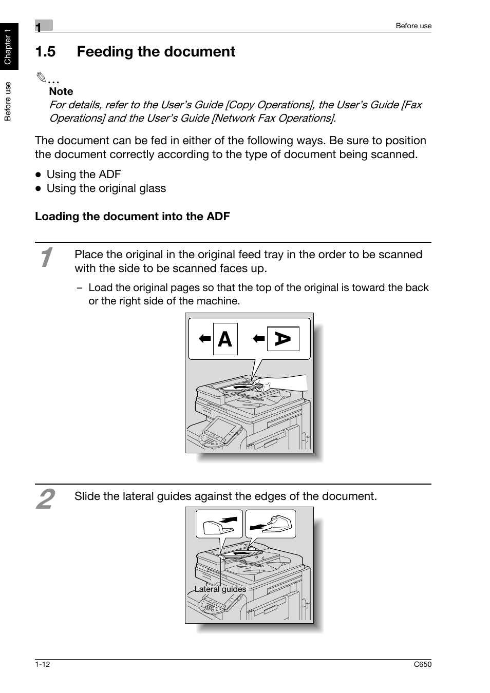 5 feeding the document, Loading the document into the adf, 5 feeding the document -12 | Loading the document into the adf -12 | Konica Minolta bizhub C650 User Manual | Page 19 / 118