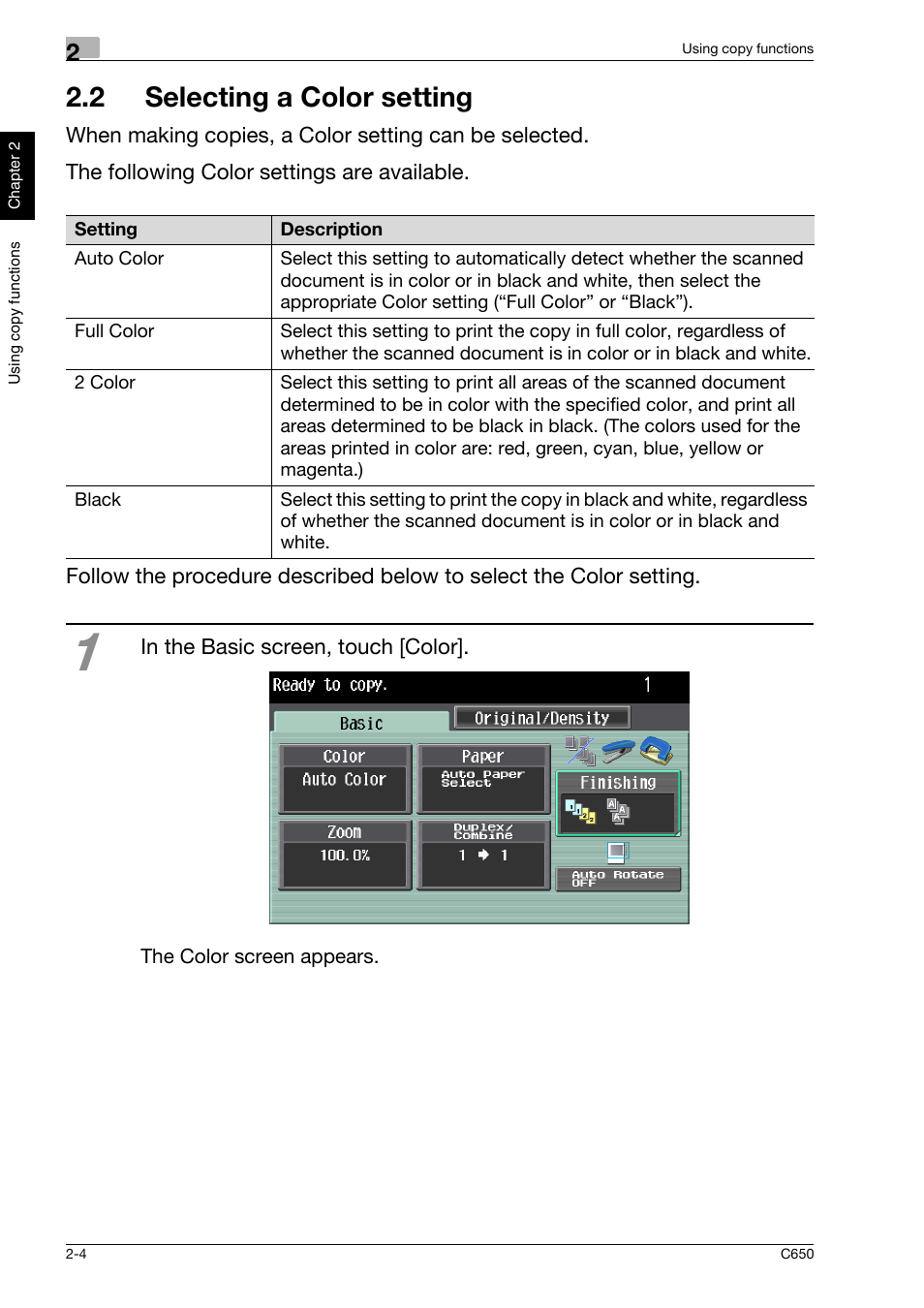 2 selecting a color setting, 2 selecting a color setting -4 | Konica Minolta bizhub C650 User Manual | Page 33 / 118