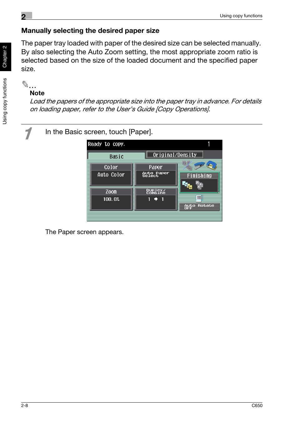 Manually selecting the desired paper size, Manually selecting the desired paper size -8 | Konica Minolta bizhub C650 User Manual | Page 37 / 118