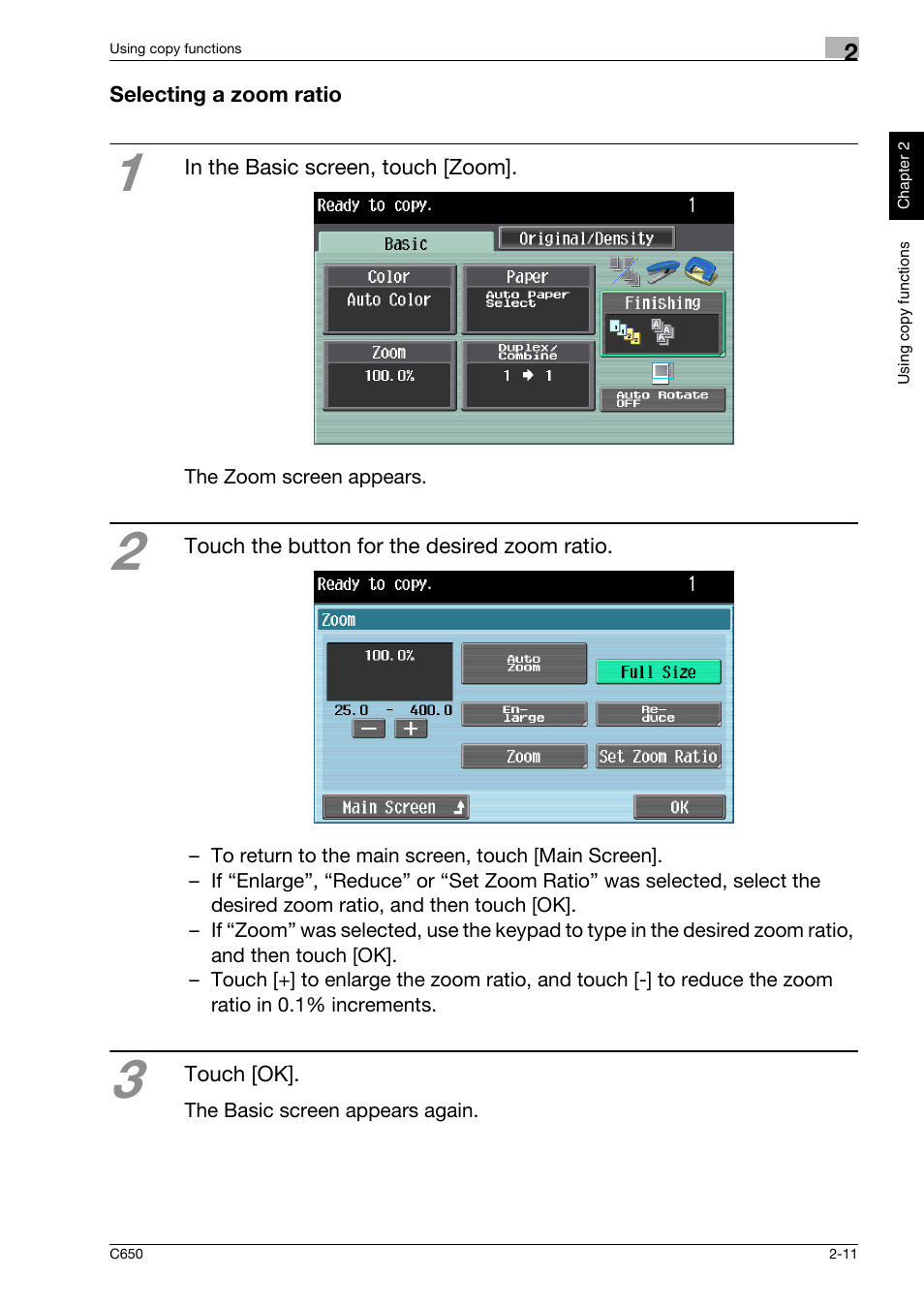 Selecting a zoom ratio, Selecting a zoom ratio -11 | Konica Minolta bizhub C650 User Manual | Page 40 / 118